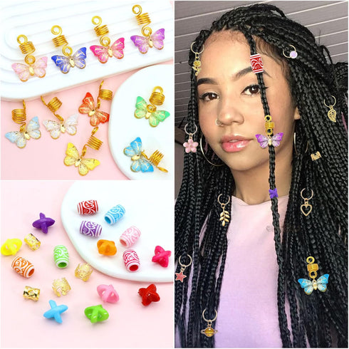 NAISKA 140Pcs Gold Butterfly Hair Jewelry, Colorful Star Flowers Loc Dreadlocks Accessories for Braid