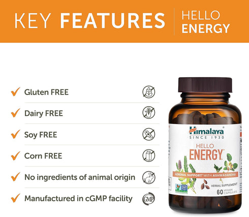 Himalaya Hello Energy Herbal Supplement - Daily Energy Support with Ashwagandha, Amla, Haritaki, 60 Capsules, Vegan