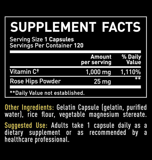 Vitamin C 1000mg with Rosehips, 120 Capsules - High Dose for Immune Support