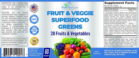 Superfood Greens - 28 Fruits and Vegetables, Natural Antioxidants - 60 Tablets with Alfalfa, Spirulina, Beet Root