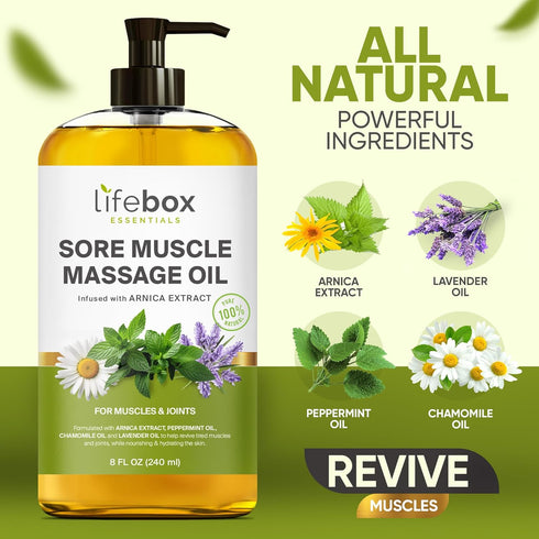 Arnica Sore Muscle Massage Oil, 100% Pure & Natural, Body Oil Infused with Arnica Extract, Lavender & Peppermint Oil