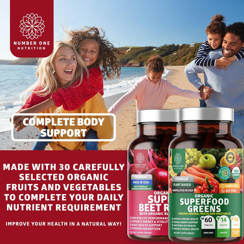 Number One Nutrition N1N Premium Organic Superfood Greens and Beet Root Tablets, 120 Tablets