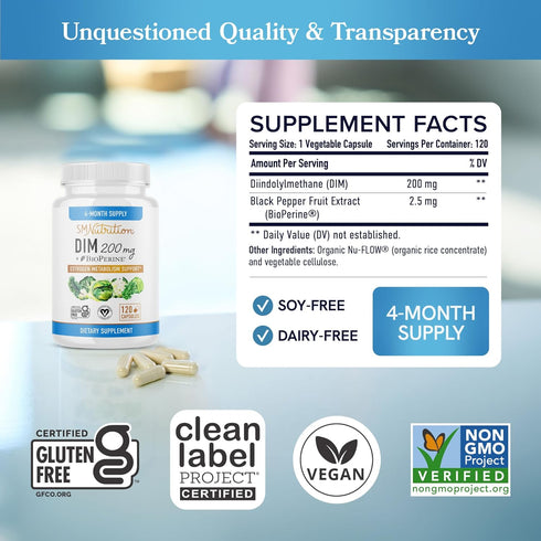 DIM Supplement 200 mg (120 Ct) | Hormone Balance for Women & Men | Antioxidant Support, Menopause & PMS Support