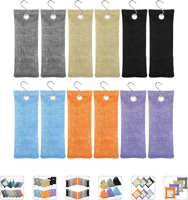 12 Pack Charcoal Air Purifying Bags, 100g Bamboo Odor Absorbers for Car, Home, Shoe Deodorizer - Colorful