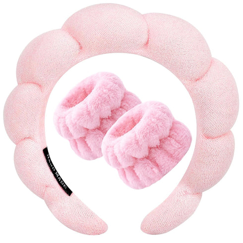 Spa Headband for Washing Face, Wristband Sponge Makeup Skincare Headband, Non-Slip Thick Hair Accessory (Pink)