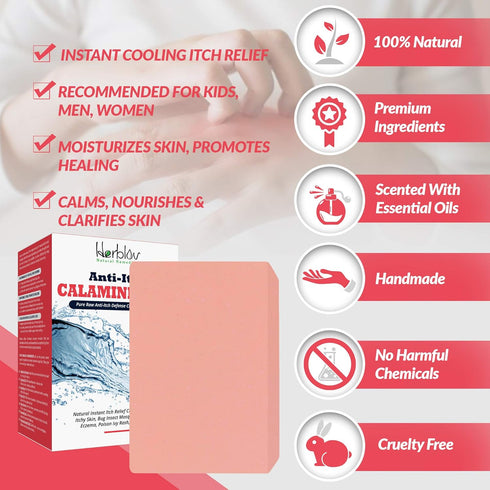 Herblov Natural Instant Itch Relief Soap Bar - Calming Calamine Soap for Itchy Skin, Bug Insect Mosquito or Ant Bite
