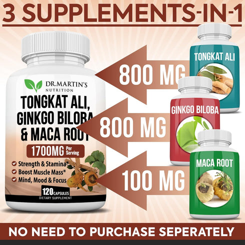 1700mg Tongkat Ali, Maca Root & Ginkgo Biloba Supplement, 120 Capsules for Strength, Stamina, Energy, and Vitality.