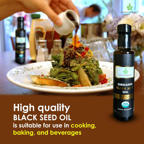 Cosmic Element Cold Pressed Black Seed Oil, Organic Omega 3 6 9, Vegan Nigella Sativa, 8.4 Fl Oz for Immune Support.