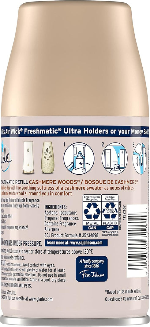 Glade Automatic Spray Refill and Holder Kit, Air Freshener for Home and Bathroom, Cashmere Woods, 6.2 Oz, 2 Count