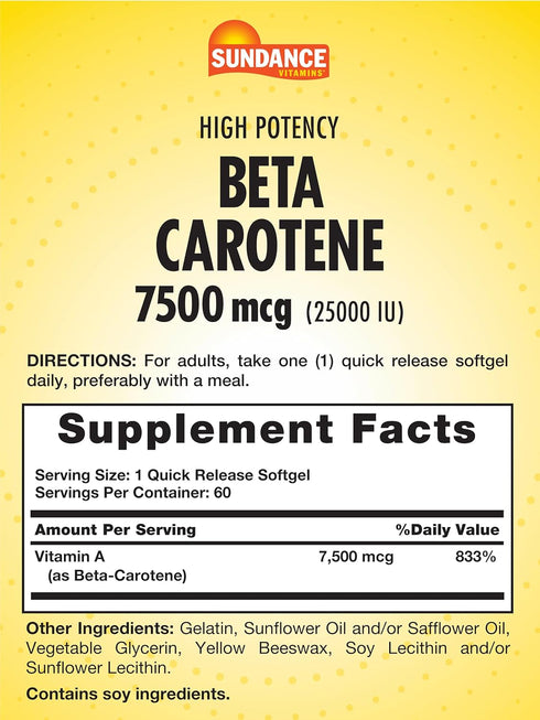 Sundance Beta Carotene 7500mcg | 60 Softgels | Provitamin A | High Potency Formula | Non-GMO and Gluten Free Supplement