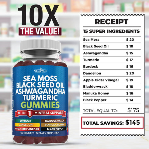Sea Moss Gummies, Sea Moss 3000mg, Black Seed 2000mg, Ashwagandha 1000mg, Turmeric, Manuka Honey, ACV, Dandelion, Black