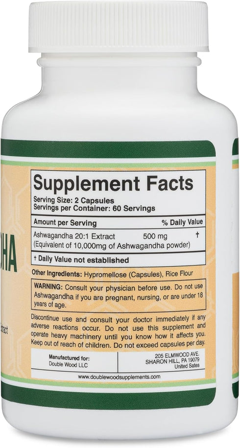 Ashwagandha Capsules, 120 Count (500mg Extract 20:1 Potency, Equivalent to 10,000mg Powder) - Adaptogen Stress Relief