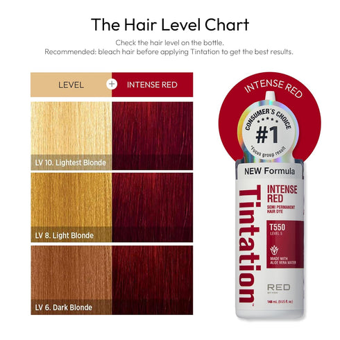 Red by Kiss Tintation Semi-Permanent Hair Color, Aloe Vera Water Based, Long-Lasting Color Dye (Intense Red, 5 Fl Oz)