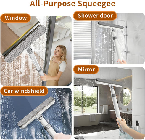 LzzzFZCF 2 Pack 5-in-1 12.6 Inches Extendable Window Squeegee with Spray, All-Purpose Window Cleaner Tool, Sponges