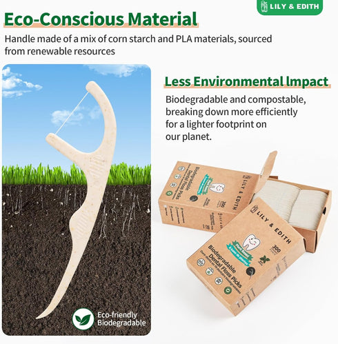 LILY & EDITH Biodegradable Dental Floss Picks - 300 Counts, Fluoride-Free, Plant Based, Zero Waste Package