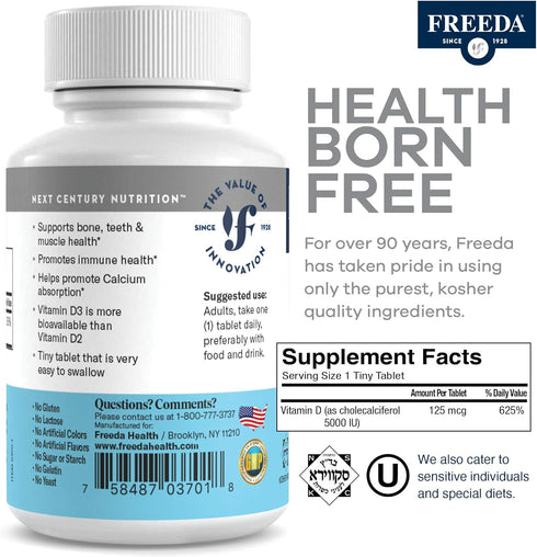 FREEDA Vitamin D3-5000 IU, Pure High Potency Kosher Supplement Tablets, 100 Count