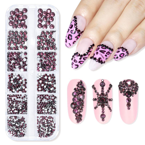 Makartt Dark Purple Rhinestone Nail Charms, Flatback Round Amethyst Crystal Glass Jewels for DIY Nail Art Supplies