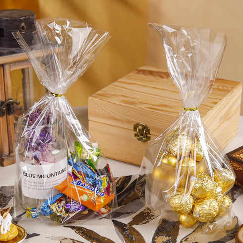 NPLUX 50 Pack Cellophane Bags, Clear Flat Bottom Treat Bags with Twist Ties for Candy, Gift Wrapping