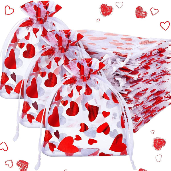 SIROGOGO 50 Pieces Heart Candy Bags, Organza Jewelry Pouches for Jewelry Packaging, Valentine's Day Party Supply
