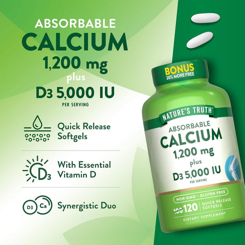 Nature's Truth Absorbable Calcium 1200 mg with Vitamin D3 5000 IU, 120 Softgels, Non-GMO & Gluten Free Supplement