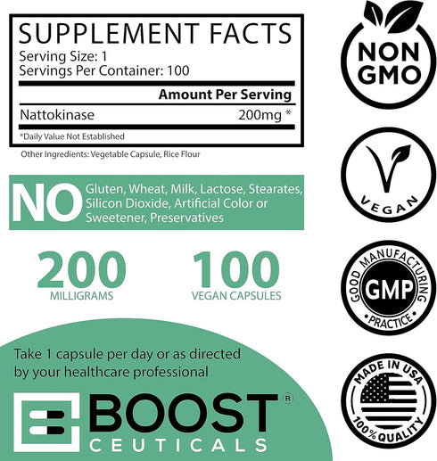 Nattokinase 4000 Fu 200mg - Vegan, Gluten Free, Pure Natural Blood Thinner & Blood Flow Supplement, 100 Capsules