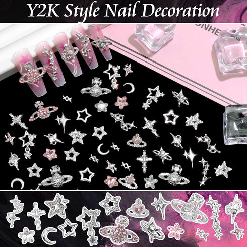 RODAKY 128PCS Silver Nail Charms, Cross Star Charms for Nails, 3D Saturn Planet Nail Jewelry, Pink Nail Rhinestone Gems