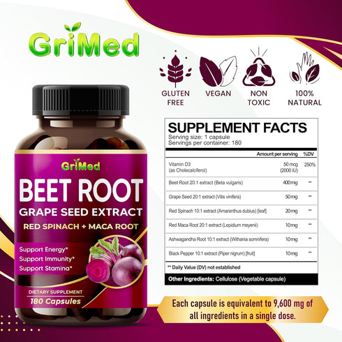 12,900mg Beet Root x12 Potency with Grape Seed Extract, Healthy Energy Supplement for Heart Support, 180 Count