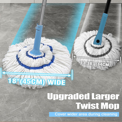 Self Wringing Twist Mop for Floor Cleaning, Upgraded 18-inch Wide Microfiber Mops, 55 Inches Long Handle Wet Dry Kitchen Easy Squeeze String Mop for Wood, Hardwood, Tile, Marble (Blue)