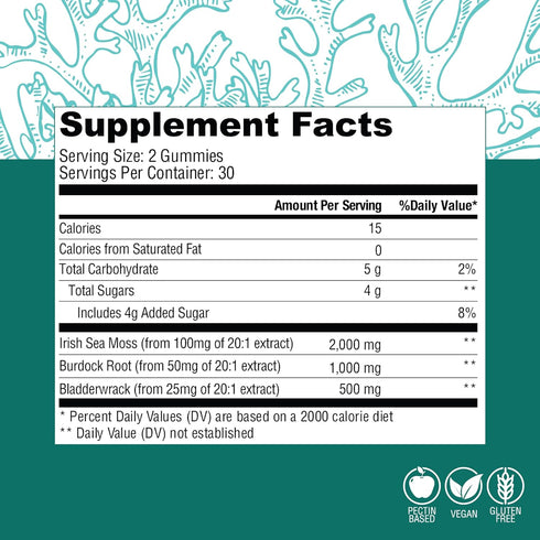 COUNTRY FARMS Irish Sea Moss Gummies, 2000mg Irish Moss, Burdock Root, Bladderwrack for Immune Support, Promotes Digestive Health, Skin and Hair Support, Pectin Based, Vegan, Gluten Free, Green Apple
