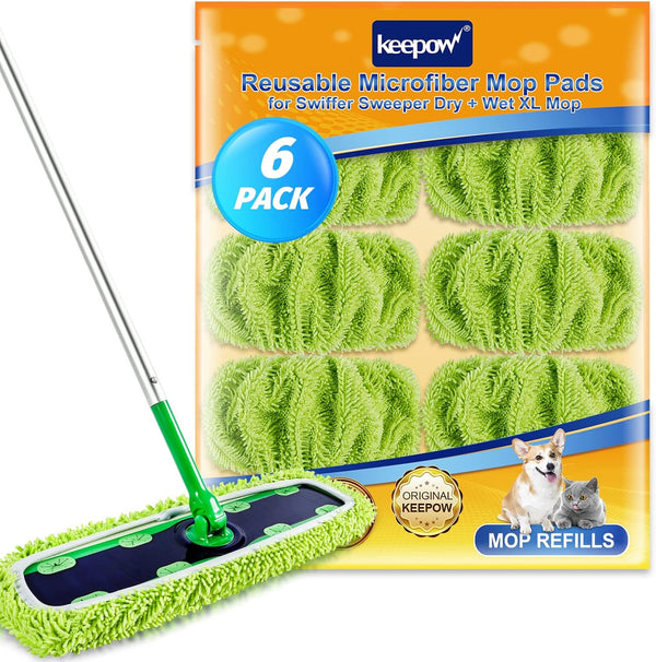 KEEPOW XL Dry Sweeping/Wet Mopping Cloths for Swiffer XL Sweeper, Reusable & Washable Microfiber Mop Pad Refills, 6 Pack