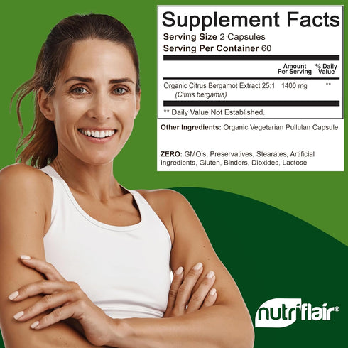 NutriFlair Organic Citrus Bergamot 1400mg, 120 Capsules - Natural Heart Health Supplements, Non-GMO