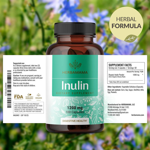 HERBAMAMA Inulin Powder Capsules 1200mg - Digestive Support & Gut Cleanse with Vegan Chicory Root Powder, 100 Caps