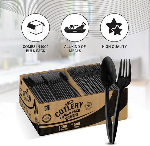 1000 Pcs Black Plastic Utensils Set - 500 Forks and 500 Teaspoons, Bulk Black Cutlery Set, Packaging May Vary