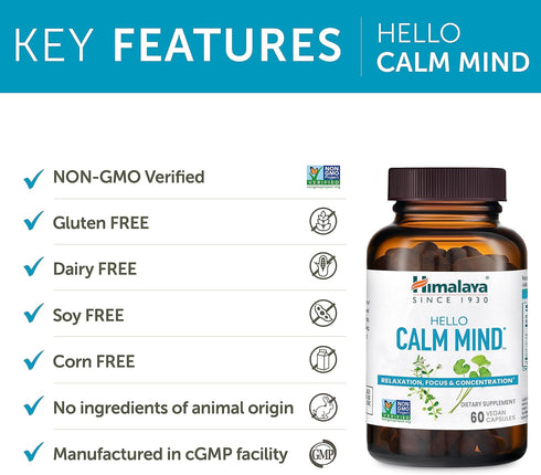 Himalaya Hello Calm Mind Herbal Supplement with Bacopa, L-Theanine, Gotu Kola, Supports Focus & Relaxation