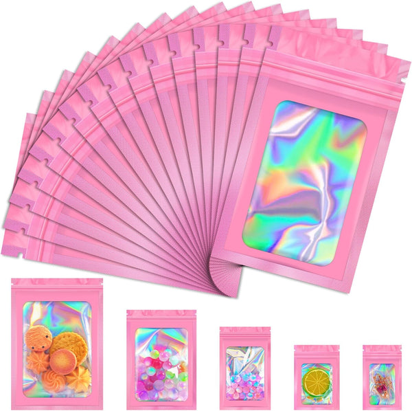 JETMORE 100 PCS Mylar Bags: Pink Holographic Smell Proof Resealable Bags for Small Business, 2.8x3.9in Foil Pouch Bags
