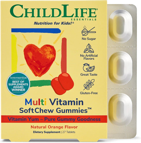 CHILDLIFE ESSENTIALS Multi Vitamin SoftChews, 27 Tablets, Natural Orange Flavor, Sugar Free for Kids and Teenagers
