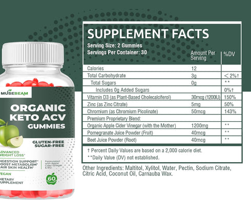 musebeam Gummies (1000MG) Organic Keto ACV Advanced Weight Loss - Gluten & Sugar Free Belly Fat Burner Apple Cider