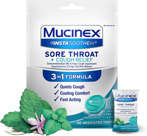 Mucinex Instasoothe Sore Throat Relief + Cough Relief, 40ct Lozenges with Alpine Herbs & Fresh Mint Flavor