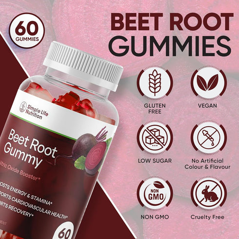 Organic Beet Root Gummies - Nitric Oxide Booster for Men & Women, Organic Non-GMO Gluten Free - 60CT
