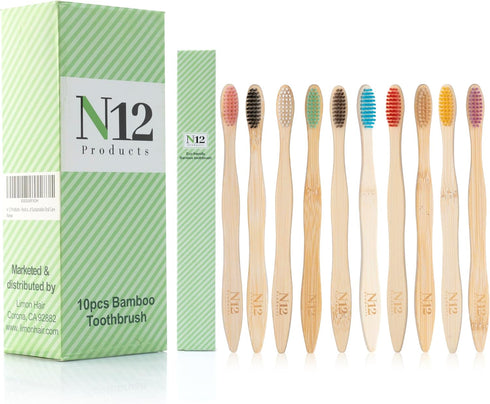 N12 Family-Friendly Pack of 10 Bamboo Toothbrushes, Multicolored BPA-Free Bristol, Eco-Friendly, Biodegradable Oral Care