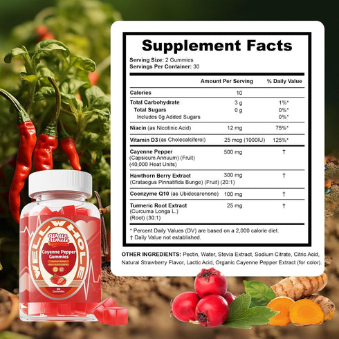 Gummies CoQ10, D3 60 Gummies Cayenne Pepper Extract with Hawthorn, Turmeric, Niacin and Vitamin - Support