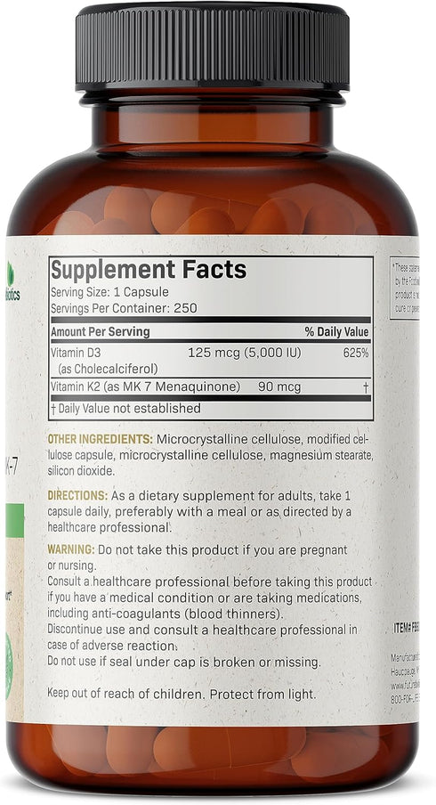 Futurebiotics Vitamin K2 (MK7) with D3 Supplement, 5000 IU Vitamin D3 & 90 mcg Vitamin K2 MK-7, 250 Capsules