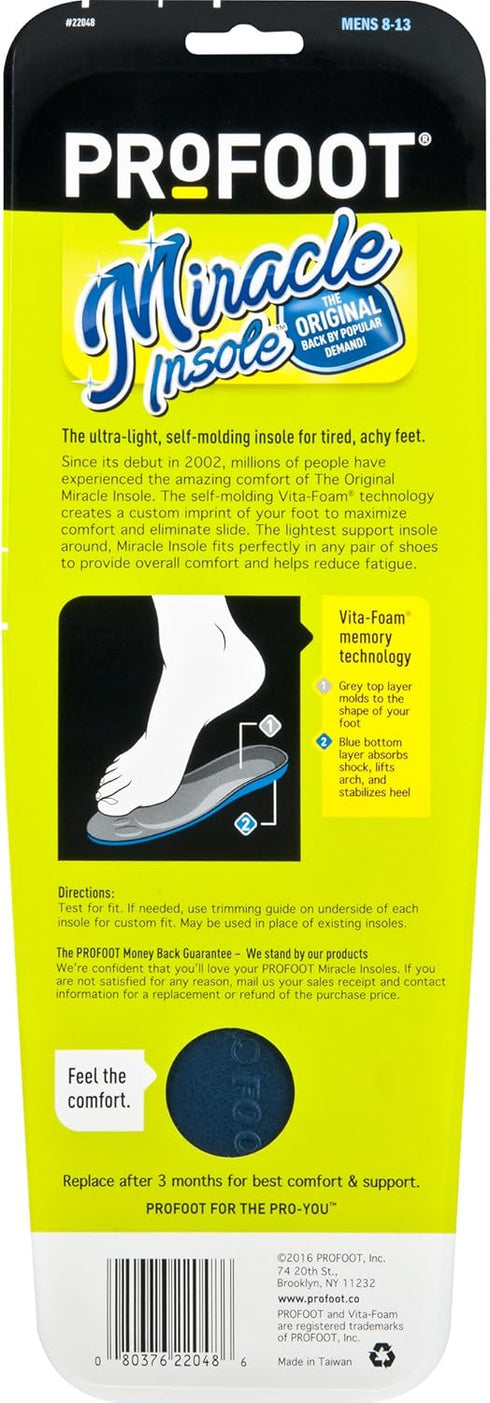 PROFOOT Original Miracle Insole, Men's 8-13, 1 Pair, Memory Foam Shoe Inserts for Comfort