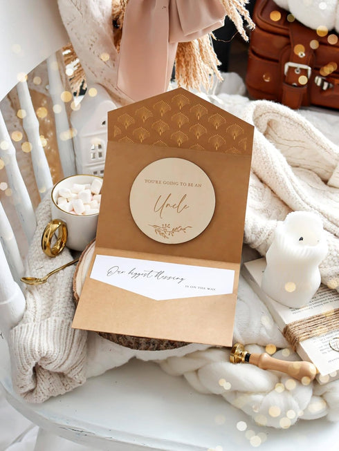 Joli Coon Pregnancy announcement wooden card - You're going to be an uncle with pocketfold envelope and seal sticker