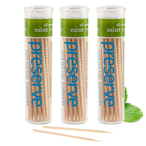 Preserve Toothpicks, Natural Mint Tea Tree Flavored for Fresh Breath, Sustainably Harvested Birch Wood - 3 Travel Cases