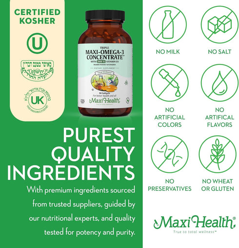 Maxi Health Omega 3 Supplement - Omega-3 Fish Oil Triple Concentrate w/ Vitamin D3 - 90 Softgels for Heart, Brain,