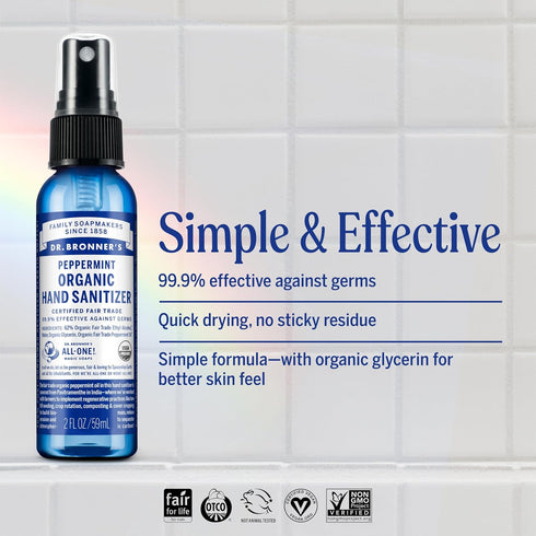Pack 2oz (6-Pack) Dr. Bronner's Organic Hand Sanitizer Spray Variety Travel Size Bulk, Simple & Effective Formula