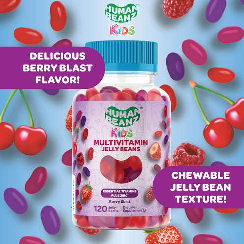 Multivitamin Jelly Bean Gummies with Zinc for Kids, Immune Support Dietary Supplements, 120 Berry Blast Jelly Beans