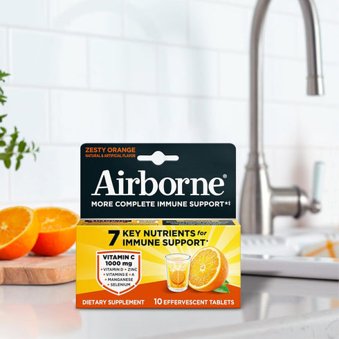 Immune 10ct 1000mg Airborne Support Effervescent Tablets, Zesty Orange Flavor - with Vitamin C + Vitamins A, D, E