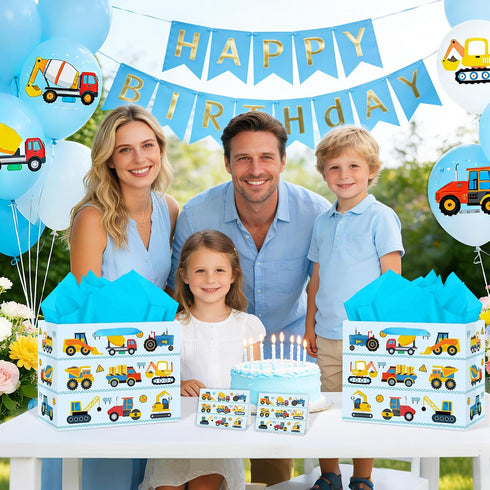 Large Construction Truck Birthday Gift Bag for Kid Blue New Baby Shower Bags with Blue Tissue Paper Birthday Card Baby